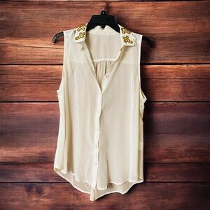 Tobi Cream Sheer Sleeveless Button Up Blouse with Gold Crosses | Size S | NWOT